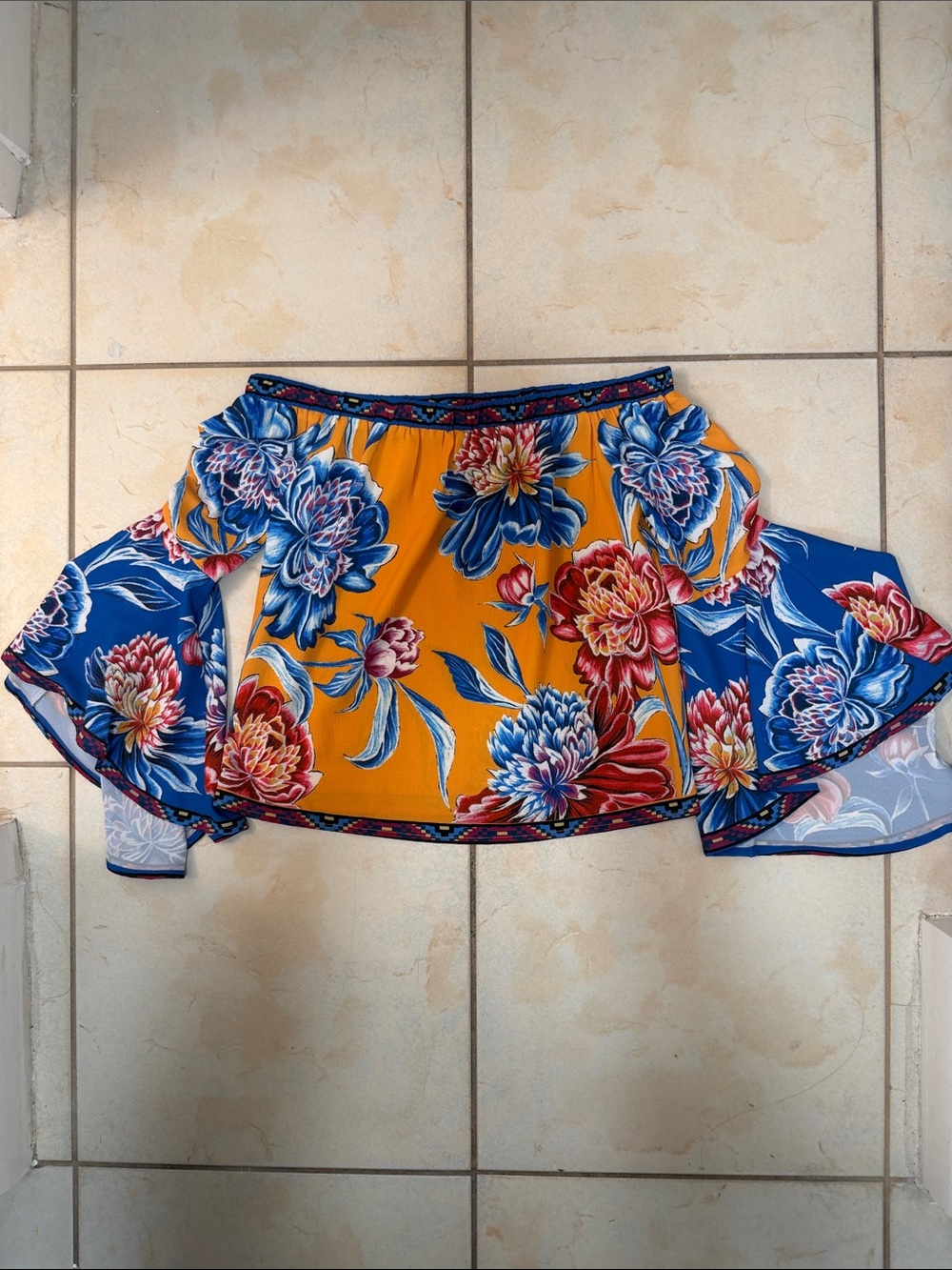 Flying Tomato Orange and Royal Blue Floral Off-Shoulder Top
